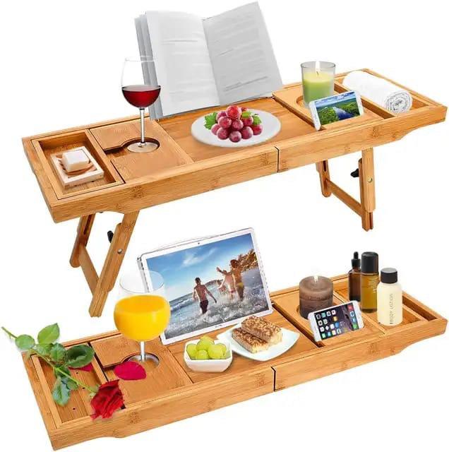 Fleksibel Udvidelig Bambus Badeværelses Caddy Tray