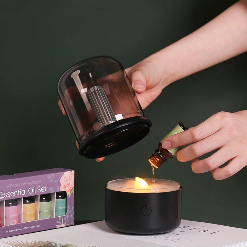 Stilfuld LED Diffuser med Flammeillusion og Æteriske Olier.