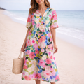Sommer midi kjole til damer med V-hals og blomsteragtigt casual design