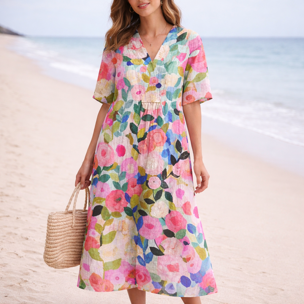 Sommer midi kjole til damer med V-hals og blomsteragtigt casual design