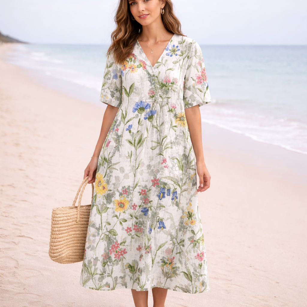 Sommer midi kjole til damer med V-hals og blomsteragtigt casual design