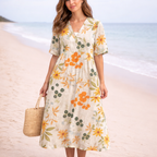 Sommer midi kjole til damer med V-hals og blomsteragtigt casual design