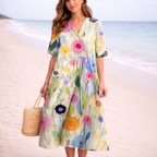 Sommer midi kjole til damer med V-hals og blomsteragtigt casual design