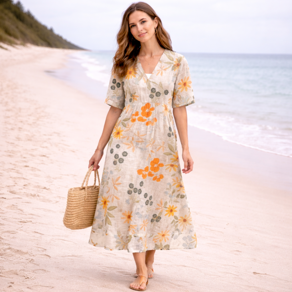 Sommer midi kjole til damer med V-hals og blomsteragtigt casual design