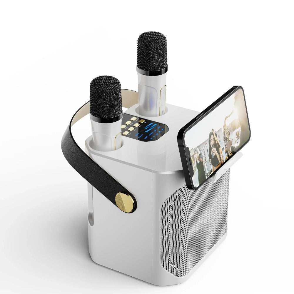 Bærbart karaoke højttalersystem med 360° lyd og to trådløse mikrofoner – ideelt til fester både indendørs og udendørs