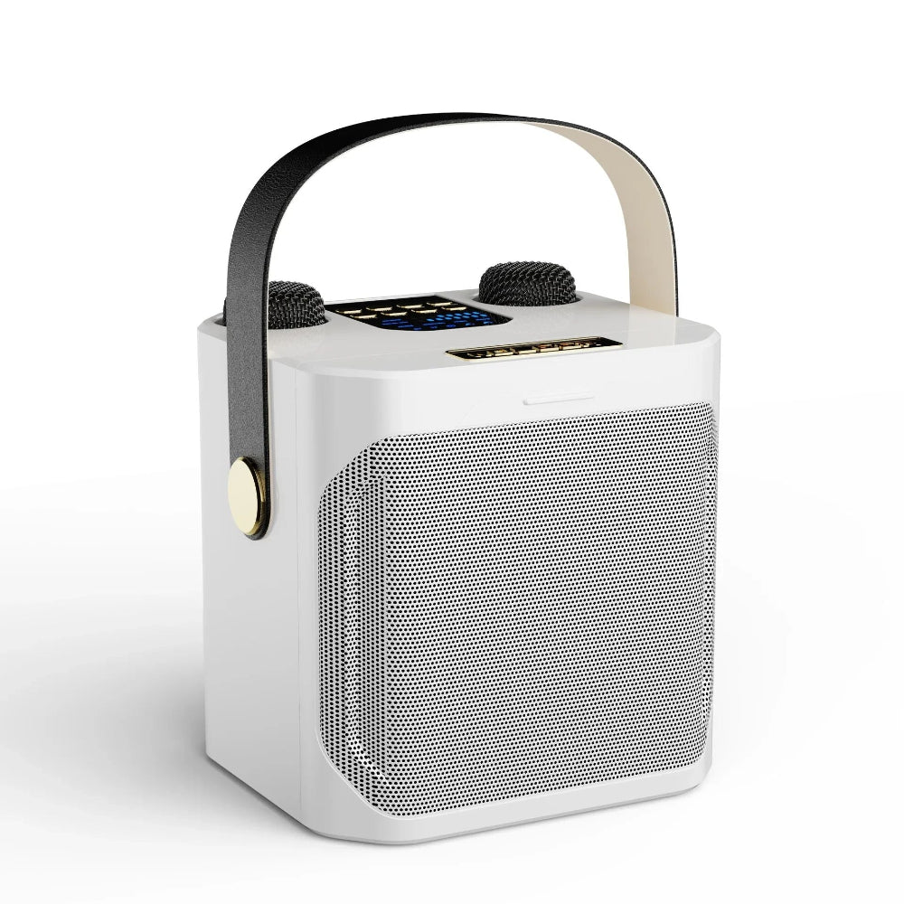 Bærbart karaoke højttalersystem med 360° lyd og to trådløse mikrofoner – ideelt til fester både indendørs og udendørs