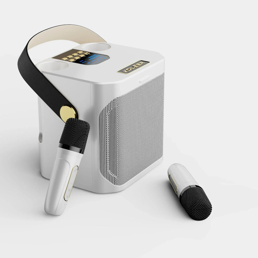 Bærbart karaoke højttalersystem med 360° lyd og to trådløse mikrofoner – ideelt til fester både indendørs og udendørs