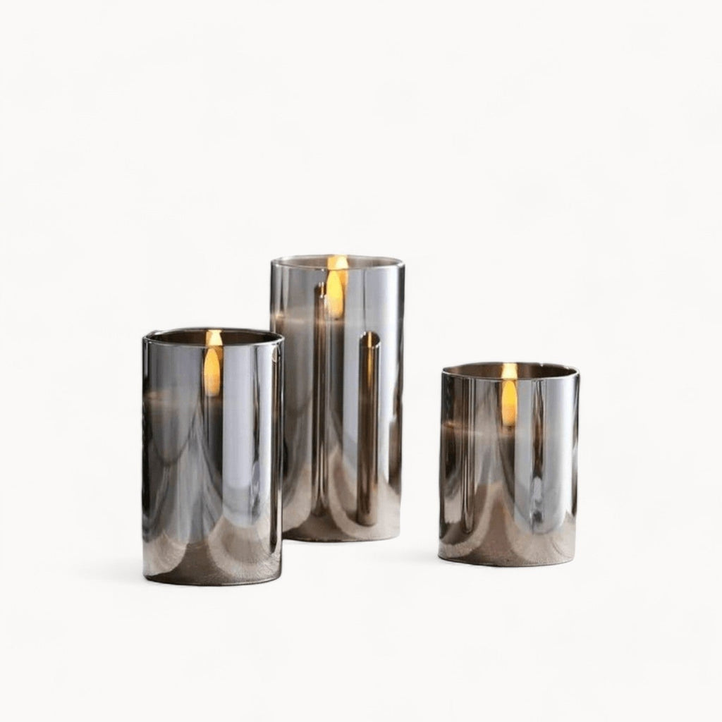 VALDEMAR - LED-lyssæt – gråt glas, flimrende lys, 3 dele