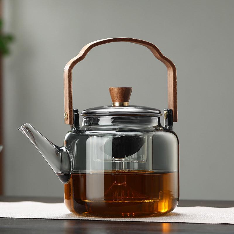 Elegant Glaskande med Trælåg og Filter – 1,2 Liter i Røget Glas