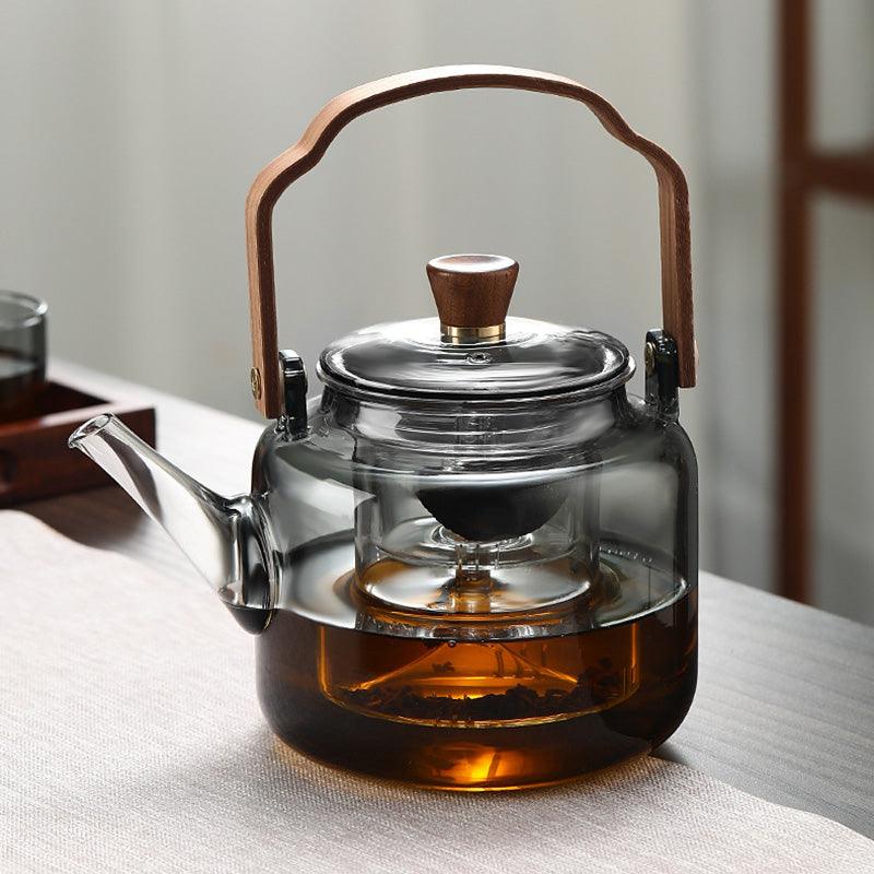 Elegant Glaskande med Trælåg og Filter – 1,2 Liter i Røget Glas
