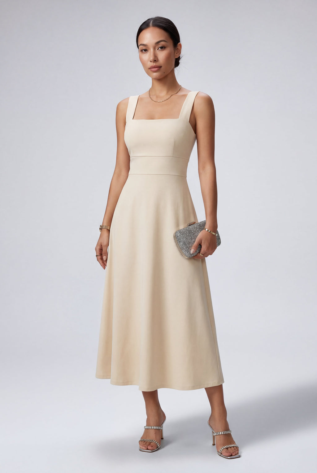 Elegant A-Line Midi Kjole - Kvinders Square Neck Uden Ærmer Stil