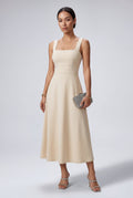 Elegant A-Line Midi Kjole - Kvinders Square Neck Uden Ærmer Stil