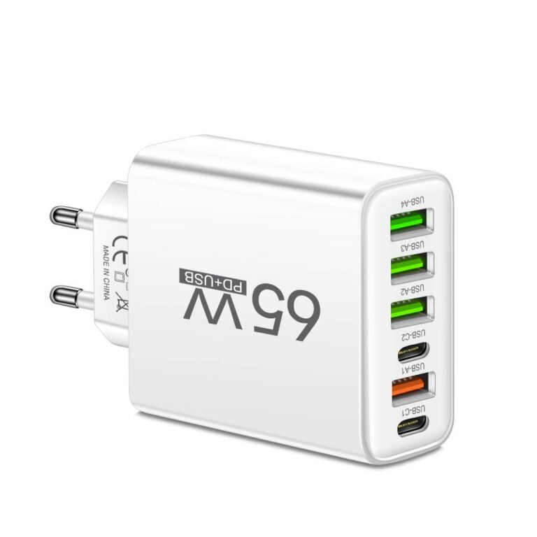65W 6-in-1 Hurtig Oplader – Oplad Op Til 6 Enheder Samtidig – Ideel Til Hjemmet, Kontoret og Rejser