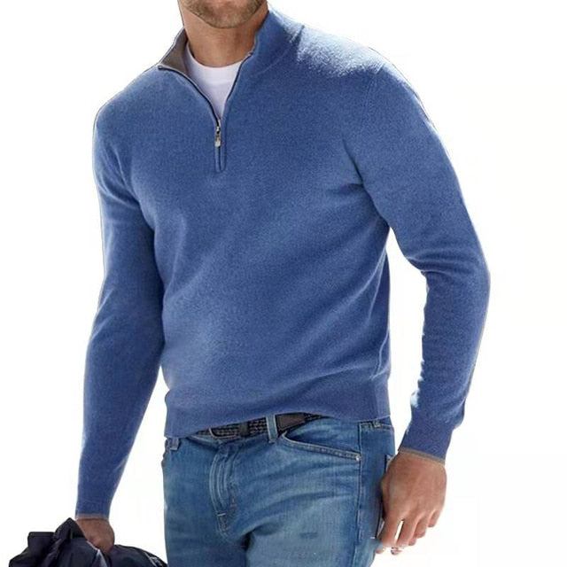 V-hals sweater med lynlås til herrer - Hugo Merino Uld