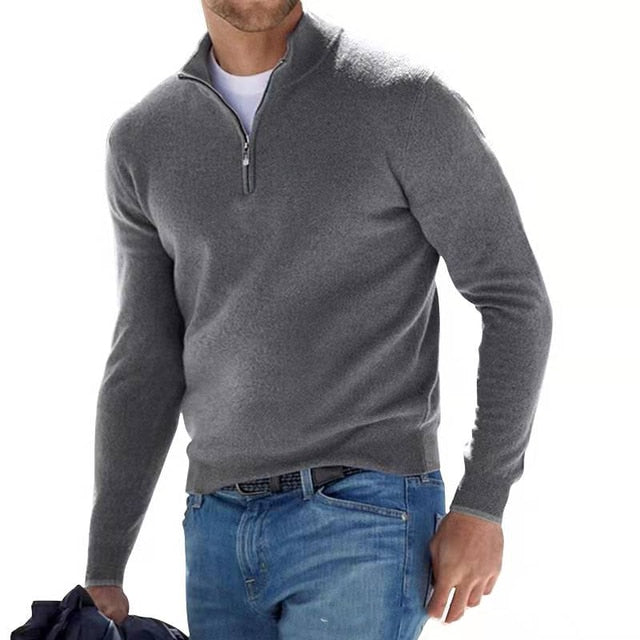 V-hals sweater med lynlås til herrer - Hugo Merino Uld