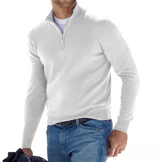 V-hals sweater med lynlås til herrer - Hugo Merino Uld
