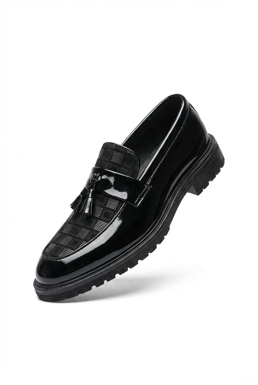 Herre Chunky Lug Sole Tjekket Patent Fringed Loafers