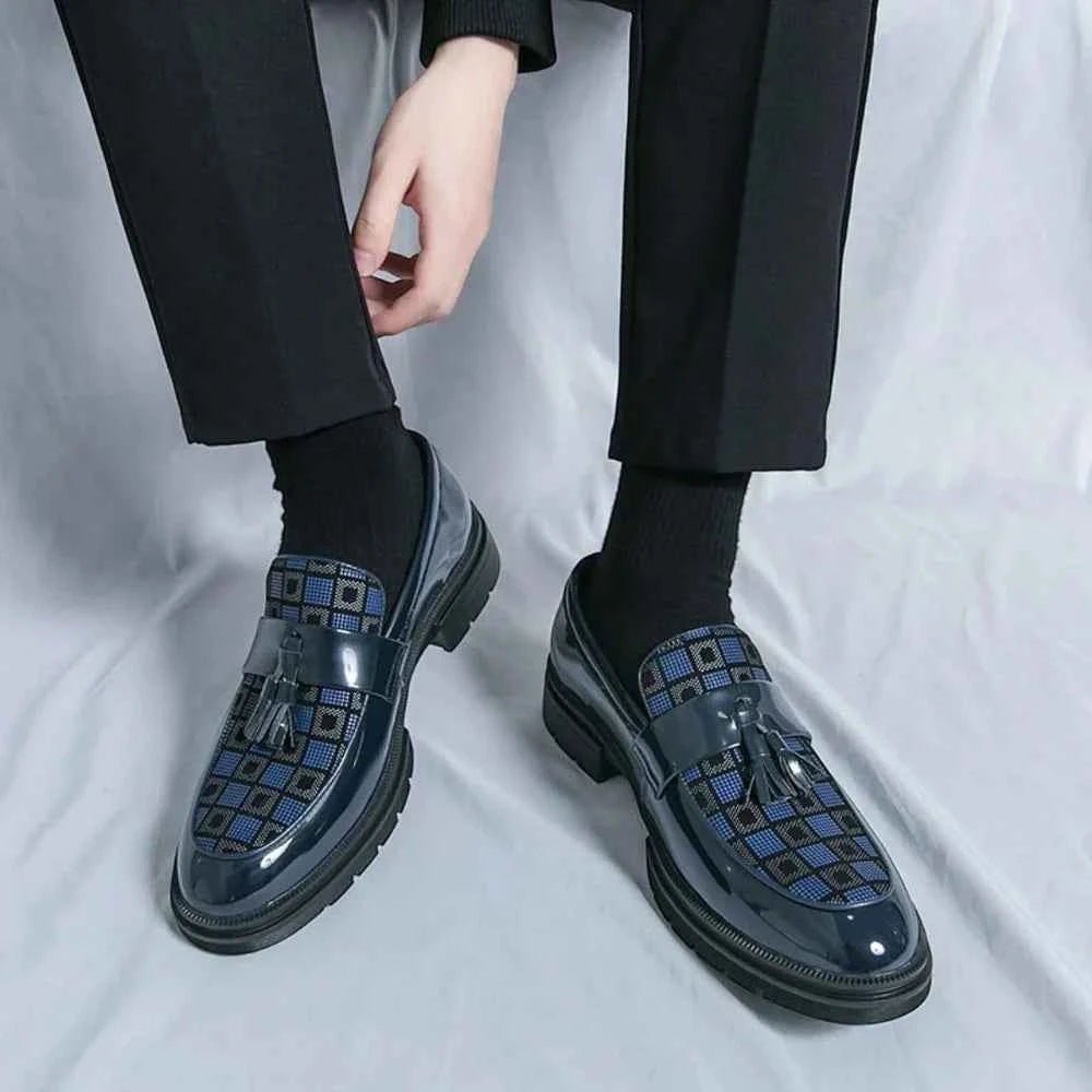 Herre Chunky Lug Sole Tjekket Patent Fringed Loafers