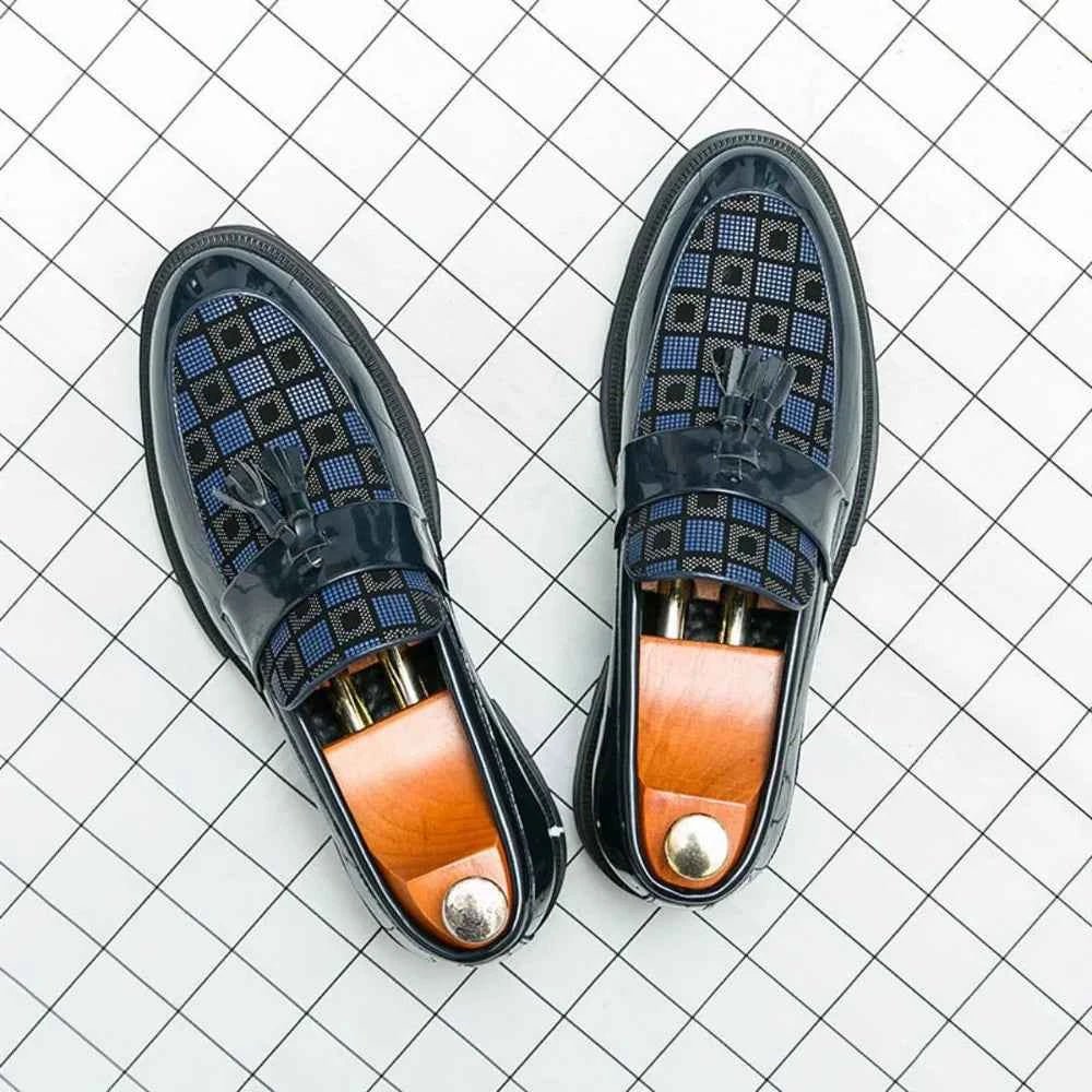 Herre Chunky Lug Sole Tjekket Patent Fringed Loafers
