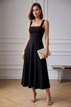 Elegant A-Line Midi Kjole - Kvinders Square Neck Uden Ærmer Stil