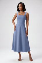 Elegant A-Line Midi Kjole - Kvinders Square Neck Uden Ærmer Stil