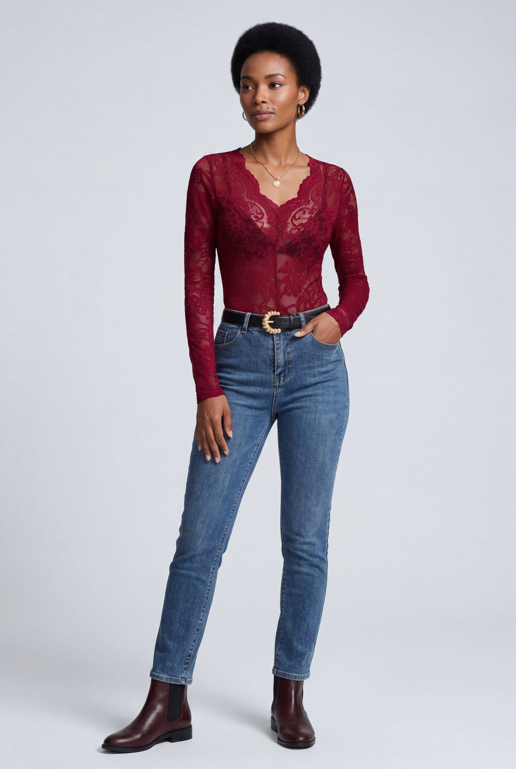 Chic Scalloped Design Langærmet Bodysuit Top - Blomster Blonde
