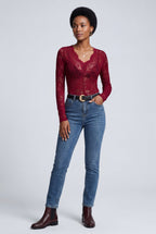 Chic Scalloped Design Langærmet Bodysuit Top - Blomster Blonde