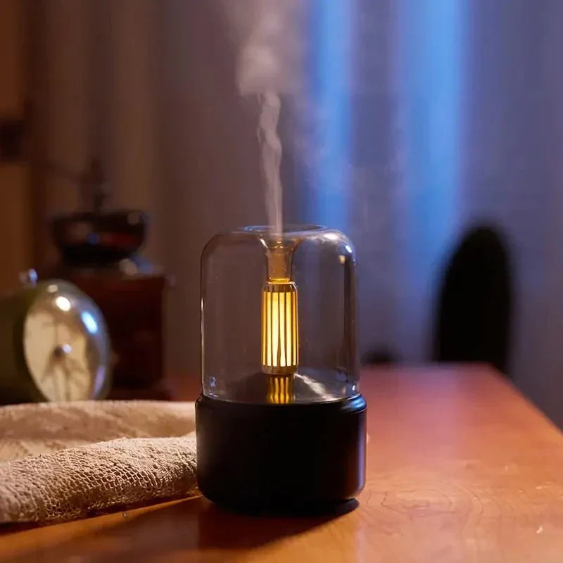 Stilfuld LED Diffuser med Flammeillusion og Æteriske Olier.