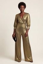 Stilfuld metallisk finish bred ben wrap jumpsuit med trekvartærmer