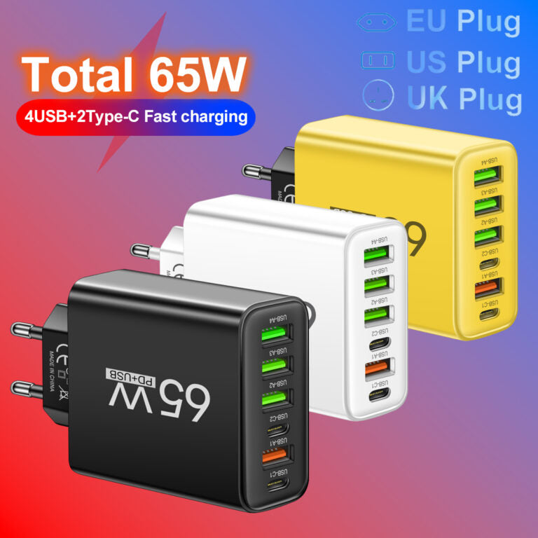 65W 6-in-1 Hurtig Oplader – Oplad Op Til 6 Enheder Samtidig – Ideel Til Hjemmet, Kontoret og Rejser