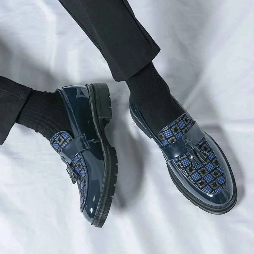 Herre Chunky Lug Sole Tjekket Patent Fringed Loafers