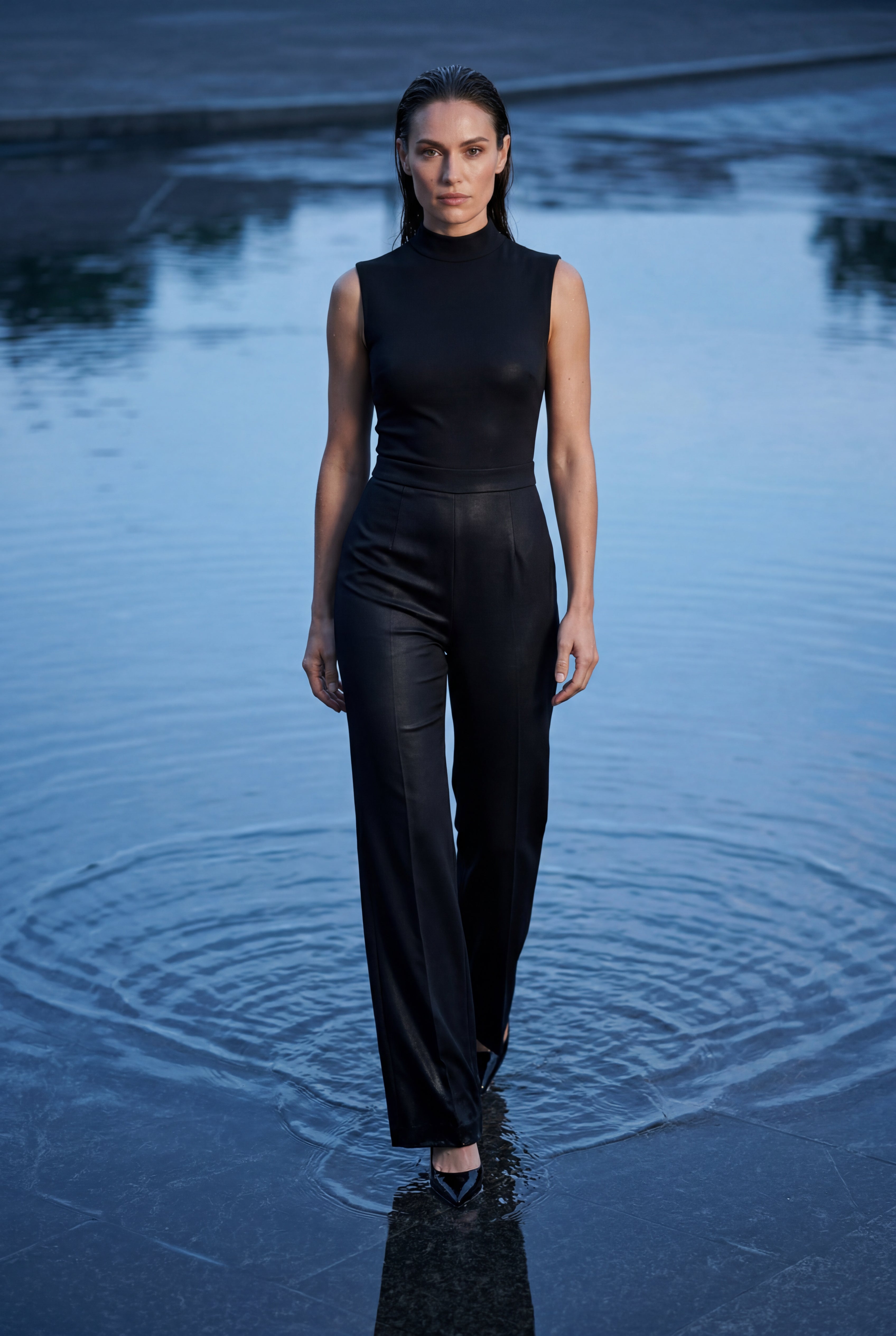 Chic Mock Neck Wide Leg Jumpsuit - Ærmeløs.