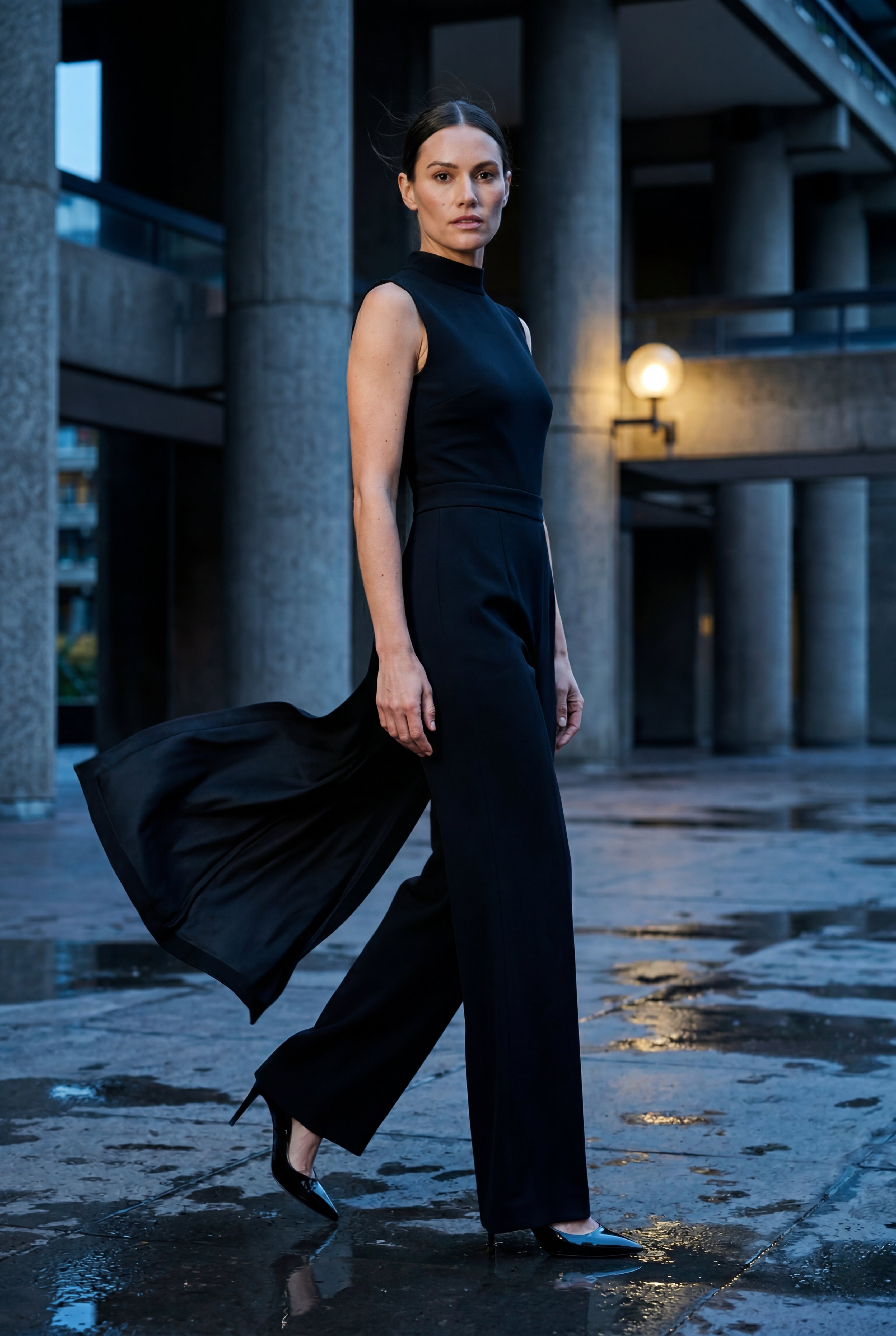 Chic Mock Neck Wide Leg Jumpsuit - Ærmeløs.