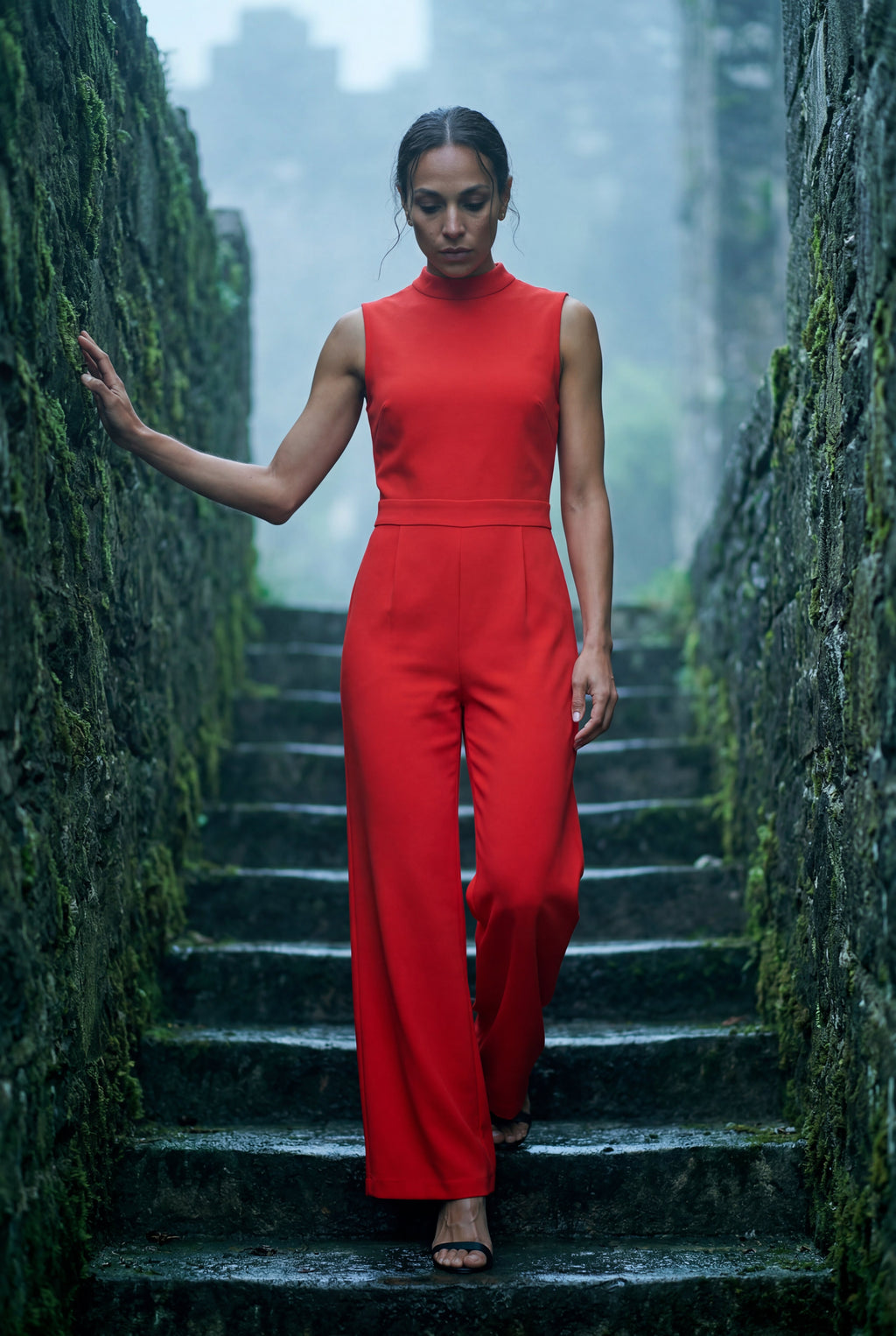 Chic Mock Neck Wide Leg Jumpsuit - Ærmeløs.