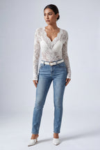 Chic Scalloped Design Langærmet Bodysuit Top - Blomster Blonde