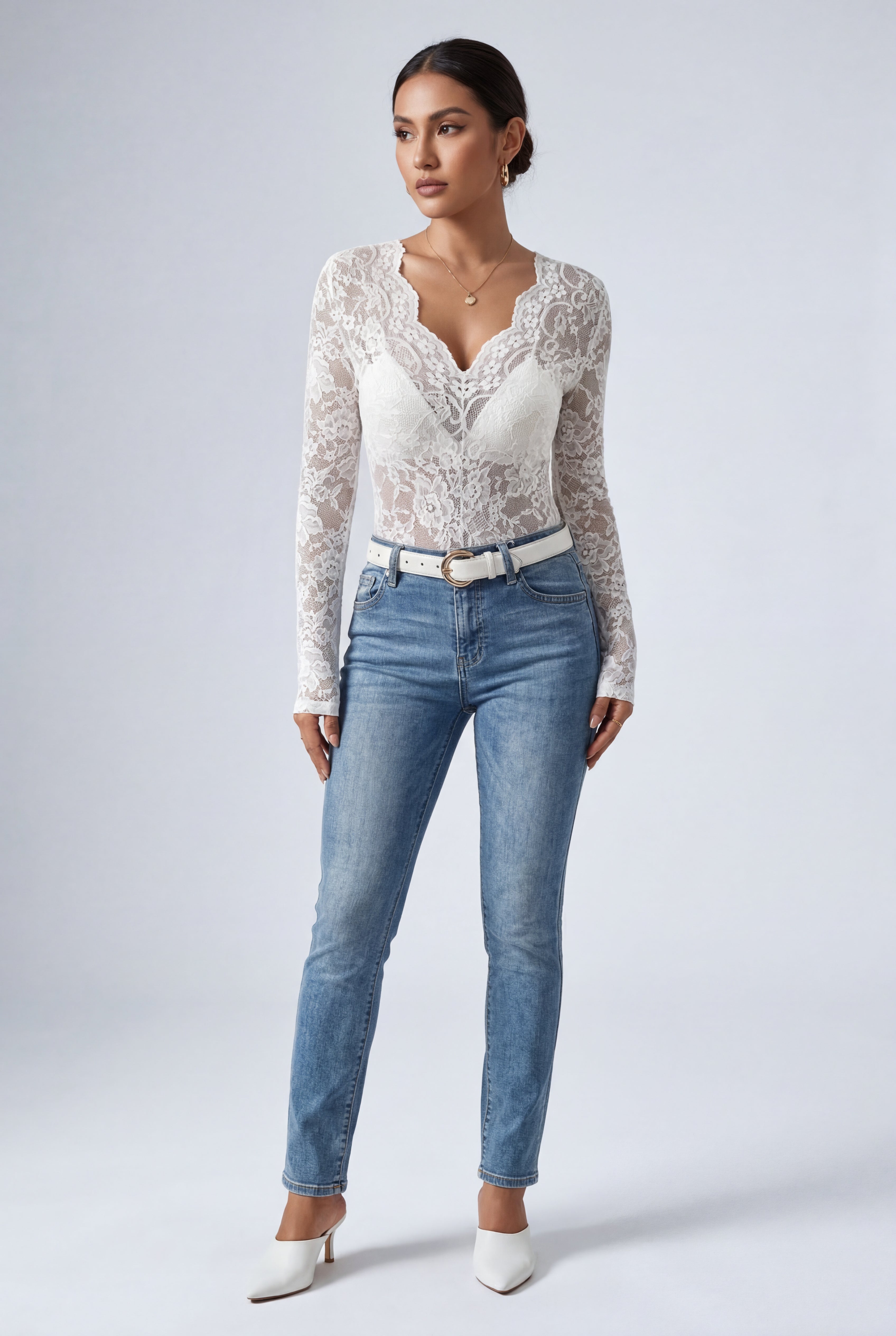 Chic Scalloped Design Langærmet Bodysuit Top - Blomster Blonde